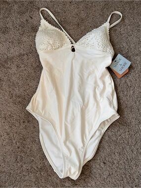 Shade & Shore Cream Crochet-Top One-Piece Swimsuit